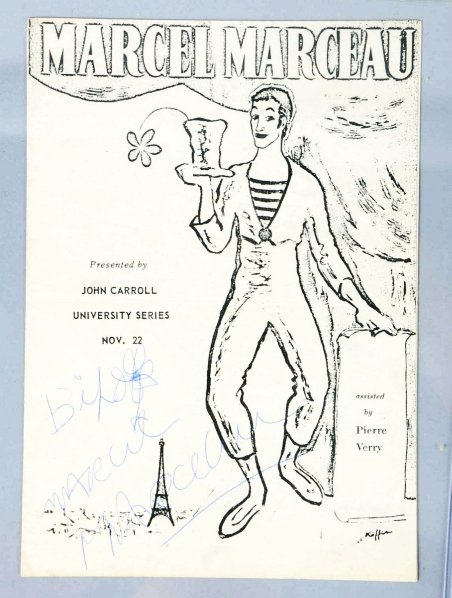 Playbill Autographed by Marcel Marceau.: Autographed by the famous French mime, "Best Wishes. Marcel Marceau". Shows a small line drawing of Marcel and the Eiffel Tower. Small playbill has been folded but signature is still intact. Comes wit