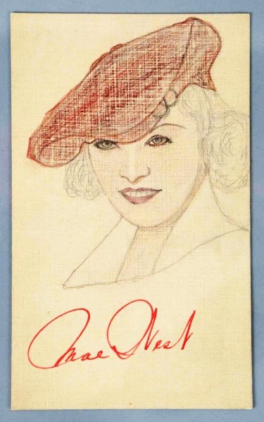 Autographed Strizzi Sketch of Mae West.: One of the most popular and famous actresses before WWII. Depicts Mae wearing a very fashionable hat. Autographed "Mae West" in red pen or marker. Comes with a COA from JSA. Condition (Very Good - Exc