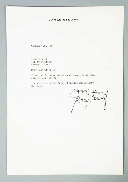 James Stewart Strizzi Sketch & Autographed Letter: Letter is dated 1984 with signature from Stewart and thanking Strizzi for his sketch. Comes with a COA from JSA. Condition (Very Good - Excellent). Size Largest: 10 - 1/2" x 7 - 1/4".