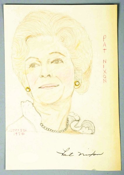 Lot of 2: Autographed First Lady Items.: Includes one autographed Strizzi sketch of Pat Nixon, dated 1974, and one 1981 autographed letter from Nancy Reagan. Both with COAs from JSA. Condition (Excellent). Size Largest: 9 - 1/2" x 6 - 1/4".