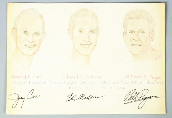Strizzi Autographed Sketch of American Astronauts: Includes autographs from Gerald Carr, Edward Gibson, and Williams Pouge. All of these astronauts were on the longest space flight together (84 days). One small crease in left bottom corner. Comes with