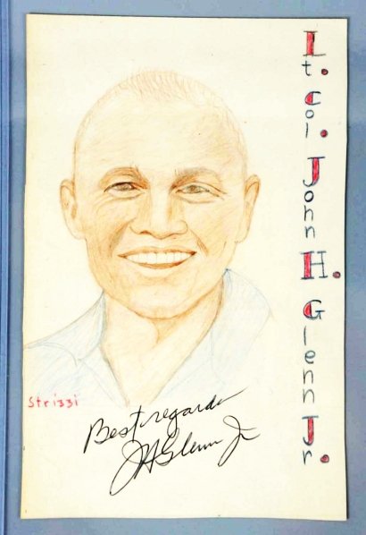 Autographed Sketch of Astronaut John Glenn.: Marked by Strizzi and autographed "Best Regards John Glenn Jr.". John Glen was the first American astronaut to orbit the Earth and was also a United States Senator. Comes with an LOA from JSA. Conditi