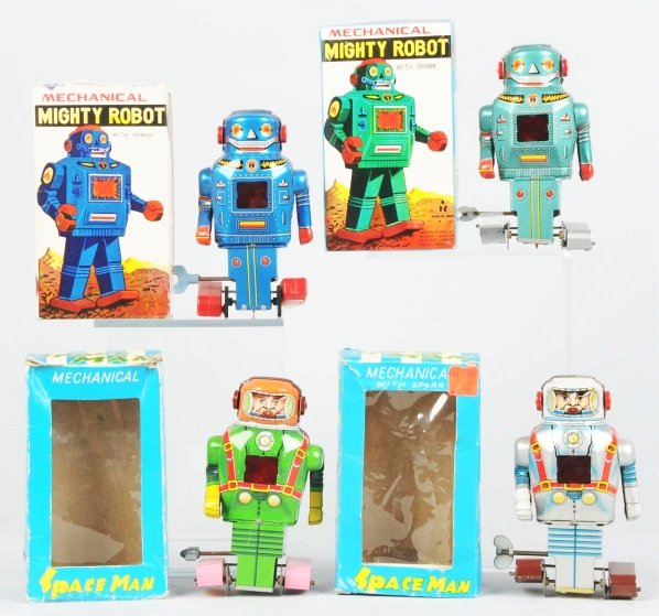 Lot of 4: Tin Robot Toys.: Includes wind-up Mighty Robot in blue made in Korea by SU with original box (working), wind-up Mighty Robot in green made in Japan by N with original box and insert (working), wind-up Spaceman made by