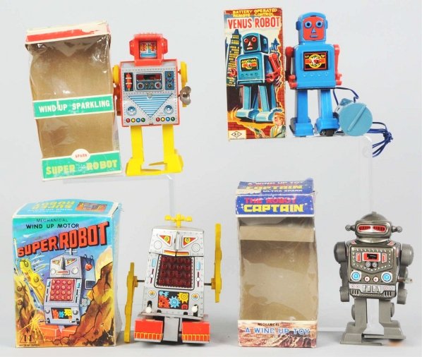 Lot of 4: Robot Toys.: Includes one tin litho and plastic wind-up Captain Robot made by Yone with original box and inserts (working but needs flint), one Super Robot made by Hiro with re-glued left arm and original box, one