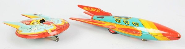Lot of 2: Robot Toys.: Includes one tin litho friction Flying Saucer Z-101 made by Modern Toys. Working but needs flint. Paint loss to one fin and crazing throughout. Also includes one tin litho friction Spaceship X5 made b