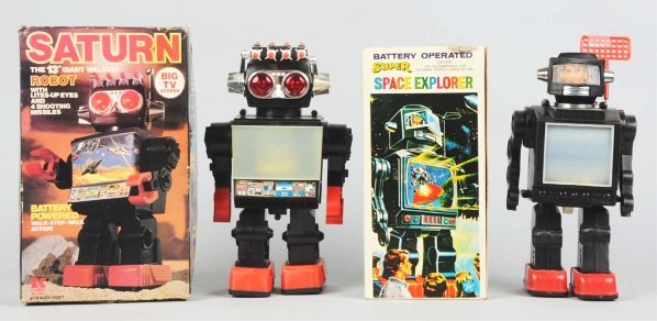 Lot of 2: Robot Toys.: Includes one plastic battery-operated Super Space Explorer made in Hong Kong by HK. Not working. Missing one screw and something is loose inside. Comes with original box with inner flaps missing. Also