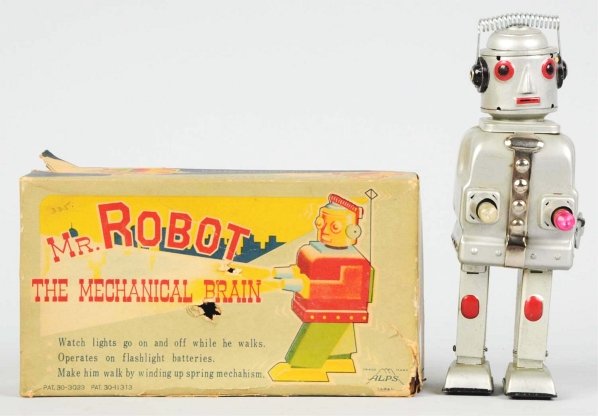 Tin Litho Mr. Robot the Mechanical Brain.: Japanese. Made by Alps. Battery-operated and wind-up mechanisms are working but the red bulb no longer illuminates (the green bulb does) Includes original box with several splits, some punctures to th