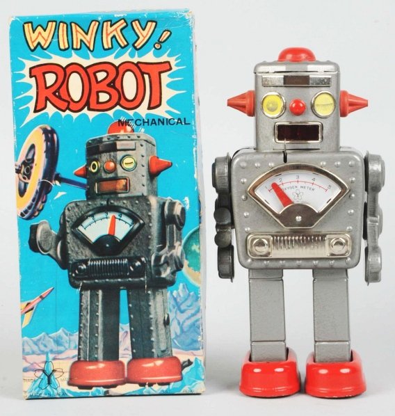 Tin Litho & Painted Wind-Up Winky Robot.: Japanese. Made by Yonezawa. Working but no longer sparks. Includes original box with some minor edge wear. Toy (Near Mint) Box (Excellent - Near Mint). Size 9 - 1/2" T.