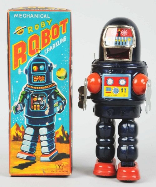 Tin Litho & Painted Wind-Up Roby Robot.: Japanese. Made by Yonezawa. Working but no longer emits sparks. Robot has some minor crazing. Includes original box with some clean punctures to the face and the majority of the paper still remaining.