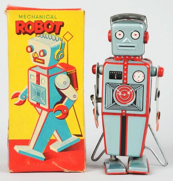 Tin Litho Wind-Up Mechanical Robot/Easel-Back.: Japanese. Made by Linemar. Working. The generic wire antenna on back is a replacement. Includes original box with some warping and one clean tear to one side panel. Toy (Excellent - Near Mint) Box (Ve
