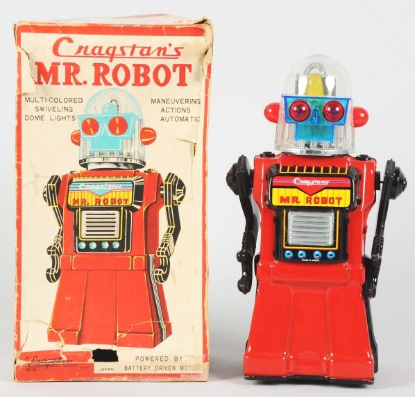Tin Litho Cragstan's Mr. Robot in Red.: Japanese. Made by Yonezawa. Battery-operated and working. Includes original box has several tears and some areas of tape to inside and outside. Box is mostly complete except for one 3/4" x 3/4" area t
