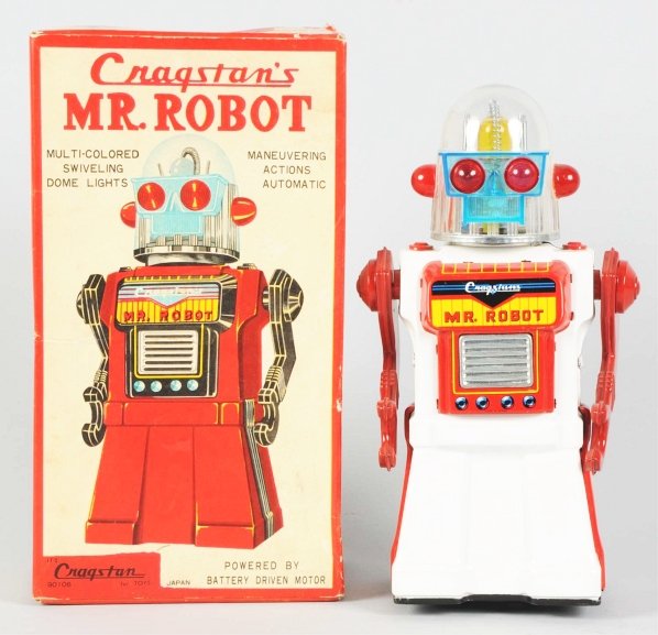 Tin Litho Cragstan's Mr. Robot in White.: Japanese. Made by Yonezawa. Battery-operated and working. Toy has one replacement ear, one very minor chip to visor, and one slight hairline to dome on the left-hand side of the robot's head. The cell