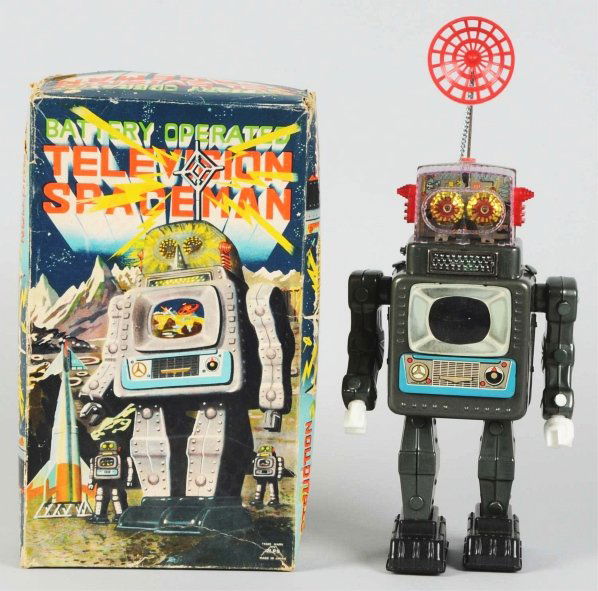 Tin Litho Battery-Operated Television Spaceman.: Japanese. Made by Alps. Working. This is the last version that was made of this Spaceman with plastic antenna and plastic battery door. Plastic face mask with small broken tabs, this is not visible bu