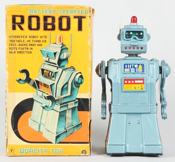 Tin Litho & Painted Directional Robot in Blue.: Japanese. Made by Yonezawa and ET Company. Battery-operated and working. Includes original box with several tear repairs and some touchup to the graphics on the word "Robot". Also, box has some minor 