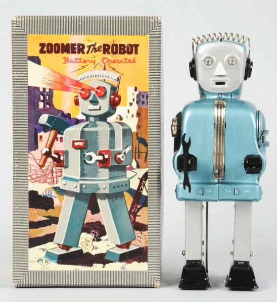 Tin Litho & Painted Battery-Operated Zoomer Robot: Japanese. Made by Nomura. Working; eyes light up but does not walk. Toy has some wear to the right arm. Includes original box. Toy (Excellent - Near Mint) Box (Near Mint). Size 7 - 3/4" T.