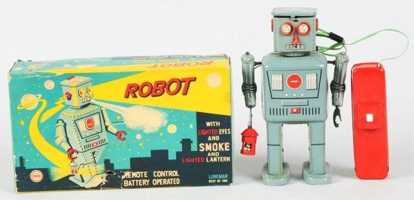 Tin Litho Battery-Operated Lantern Robot.: Japanese. Made by Linemar. Working. Original lid to the powder compartment and it appears to be unused. Toy has just minor scratching where the lid tabs into the top of the head. Includes original box