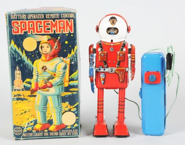Tin Litho Battery-Operated Spaceman.: Japanese. Made by Linemar. Also known as the Porthole Robot. Working. Includes original box with one chip from one of the long side panels and several creases throughout. Also, the box bottom is a rep