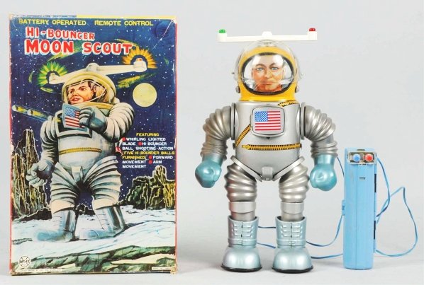 Tin Litho Battery-Operated Hi-Bouncer Moon Scout.: Japanese. Made by Marx. Working except for the door on the chest which does not open when it should. Comes with one original ball and four reproduction balls. Also, some very minor wire burns to remot