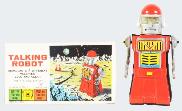 Tin Litho Battery-Operated Talking Robot.: Japanese. Made by Yonezawa. Toy has some minor crazing on one side and on chest plate and some factory touchup to back. Includes original box. Toy (Excellent) Box (Very Good - Excellent). Size 11" T.