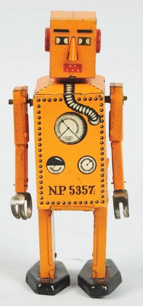 Tin Litho & Painted Wind-Up Lilliput Robot.: Japanese. Made by KT. Working. This was the first mass-produced robot. Some minor crazing and scratching throughout. Condition (Excellent). Size 6" T.