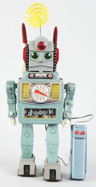 Tin Litho & Painted Rocket Man in Space Armor.: Japanese. Made by Alps. Battery-operated and working. Several areas of touchup (not factory), some discoloration, and heavy crazing in some areas. Condition (Good - Very Good). Size 13 - 1/2" T.