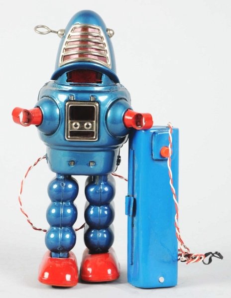 Painted Tin Battery-Operated Planet Robot.: Japanese. Made by Yoshiya. Lights up and works. Condition (Excellent). Size 8 - 1/2" T.