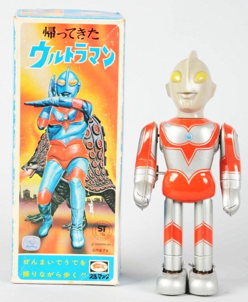 Tin Litho Wind-Up Ultra Man.: Japanese. Made by Bullmark. Working. Includes original box. Toy (Near Mint - Mint) Box (Excellent - Near Mint). Size 9 - 1/4" T.
