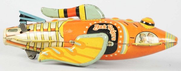 Tin Litho Wind-Up Buck Rogers Rocket Ship.: American. Made by Marx. Working but needs flint. Condition (Very Good). Size 12" L.