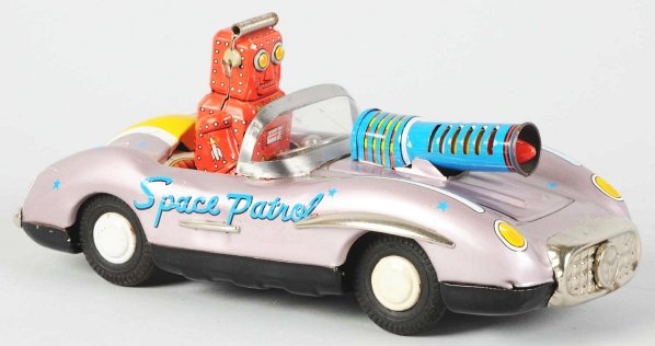 Tin Litho Space Patrol Robot in Mercedes.: Japanese. Made by ATC. Friction-operated and working. Two pin holes in the plastic part of the windshield. Condition (Excellent). Size 8" L.