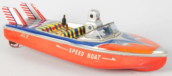Tin Litho Robot Speedboat.: Japanese. Working. Some scrapes/scratches on the bottom of the boat and some areas of touchup. Also, some minor fading throughout. Condition (Excellent). Size 12 - 1/2" L.