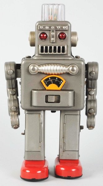 Tin Painted Battery-Operated Smoking Robot.: Japanese. Made by Linemar. Working. Chrome parts have been redone, two of the tab covers are missing, and two others are replacements. Condition (Very Good). Size 12" T.