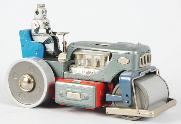 Tin Litho Battery-Operated Robot Steamroller.: Japanese. Made by Showa. Working. One of the nicer looking robot driving tanks. Condition (Near Mint). Size 10 - 1/2" L.