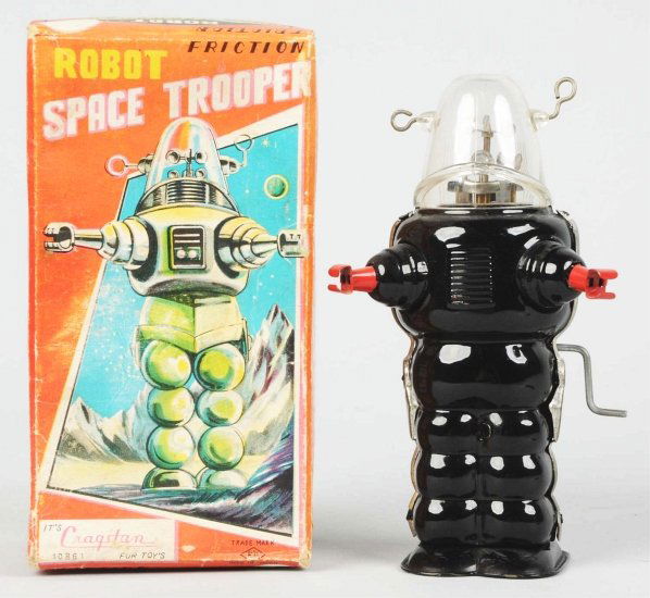 Painted Tin Crank-Wind Space Trooper Robot.: Japanese. Made by Yoshiya. Working. Some chips to bottom of feet. Includes original box with some fading and softness. Toy (Excellent) Box (Very Good). Size 6 - 1/2" T.