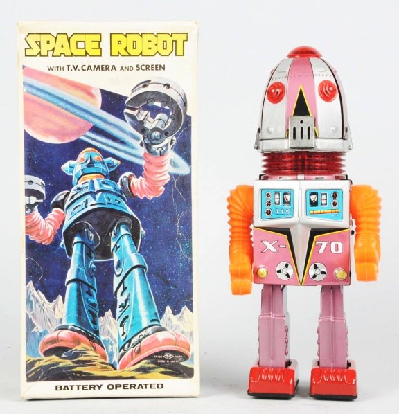 Tin Litho & Painted Space Robot X-70.: Japanese. Made by Nomura. Battery-operated and working. Some red marks to right-hand side of chest (may be factory). Also, the "pedals" of the head pop-in and out while robot is walking. Includes orig