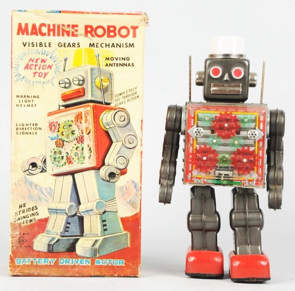 Tin Litho Battery-Operated Machine Robot.: Japanese. Made by Horikawa. Working. Some oxidation to the chrome parts and chipping to the feet. The balls the go on the shoulder posts are missing and the clasp to the battery door has a cut in it. 