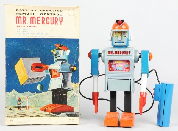 Tin Litho Battery-Operated Mr. Mercury Robot.: Japanese. Made by Linemar. Working. Blue version with light in chest. Some minor scratching to the back of the head and the pads on the hands have deteriorated, which is common for this robot. Include