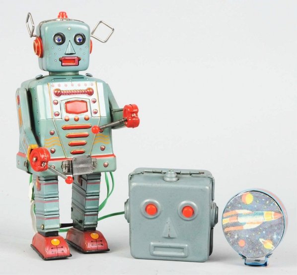 Tin Japanese RC Drummer Robot.: Remote control is not attached. Replaced top of drum head. Size 8 - 1/2" T.