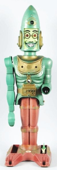 Plastic Big Loo Moon Robot.: One of the largest robots ever made. Very difficult to find complete. Includes partial original box and copy of instruction sheet. Toy (Excellent) Box (Very Good). Size 37 - 1/2" T. CORRECTION: Upon c