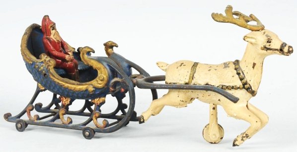 Cast Iron Hubley Santa in Sleigh Toy.: American. Single reindeer version with blue sled. Original Santa figure. No cracks or breaks but reindeer has paint cracking and flaking due to age. Toy has general overall wear. Condition (Very Good)