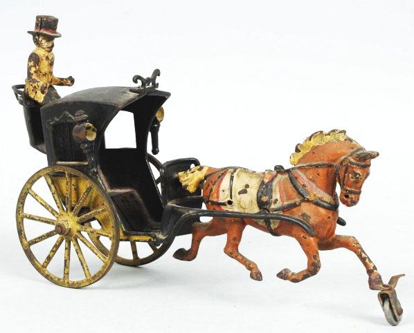 Cast Iron Hansom Cab Toy.: American. Probably Carpenter. Original back driver figure. Horse has turning bar in front of left foot with wheel attached. Some paint loss and wear throughout, especially to inside of cab and wheels.