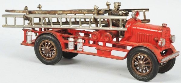 Cast Iron Hubley Fire Ladder Truck Toy.: American. Black rubber tires with silver spoked hubs that are original but oxidized. Original driver figure, bell, ladders, and ladder hooks. Some paint loss and wear overall. Condition (Very Good). S