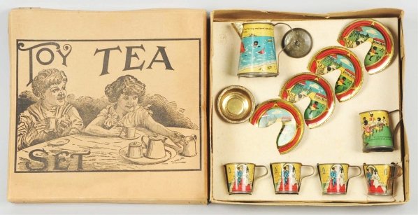 Early African American Tin Litho Tea Set.: Includes teapot, four saucers with matching cups, one creamer, and one cream bowl. Except for cream bowl, all items have tin litho depictions of African Americans at play. Pieces also have "10 Little 