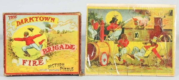 Darktown Fire Brigade Picture Puzzle.: Copyright 1894. Made by Parker Brothers. Includes scarce original box with nice graphics. Missing one side apron on lid. Puzzle is complete and shows Darktown residents putting out a cabin fire. Some 