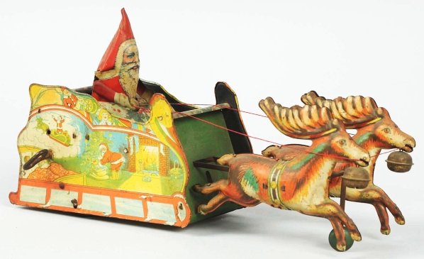 Tin Strauss Santee Claus Toy.: All original. Includes bells. Wind-up mechanism slips. No rust or dents but some minor scratching. Condition (Excellent). Size 11 - 1/4" L.