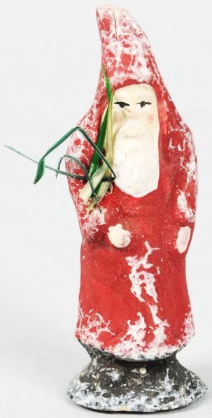 Red Belsnickle in Snow-Covered Robe.: Belsnickle with nice long beard, feather tree, and mica-covered black base. Condition (Excellent). Size 2 - 3/4" T.