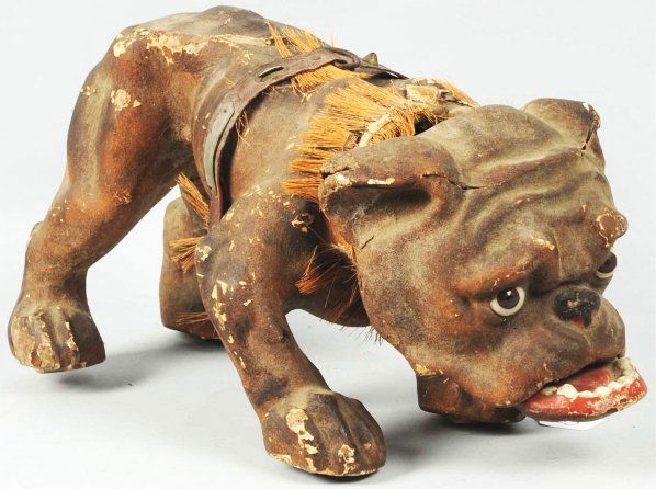Huge French Paper Mache Nodding Bulldog Pull Toy.: Some splits and tears throughout. Condition (Fair - Good). Size 23" L.