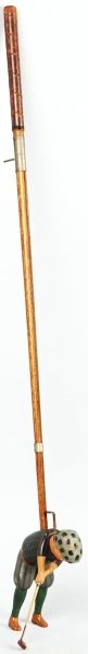 Schoenhut Golfer & Accessories.: Includes male golfer holding inserted golf club. some chipping and damage to face and back of head. Also includes three balls, tee, and five pieces of assorted fairways, sand traps, and water hazards.