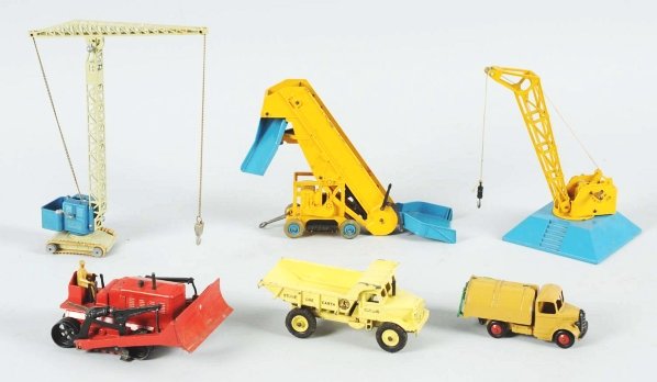 Lot of 8: Diecast Dinky Vehicles & Accessories.: Includes Blaw Knox bulldozer, Euclide no. 965 dump truck, Land Rover Jeep set, and other items. Various conditions. Some paint chipping and wear. Not all pictured. Condition (Very Good). Size Largest: