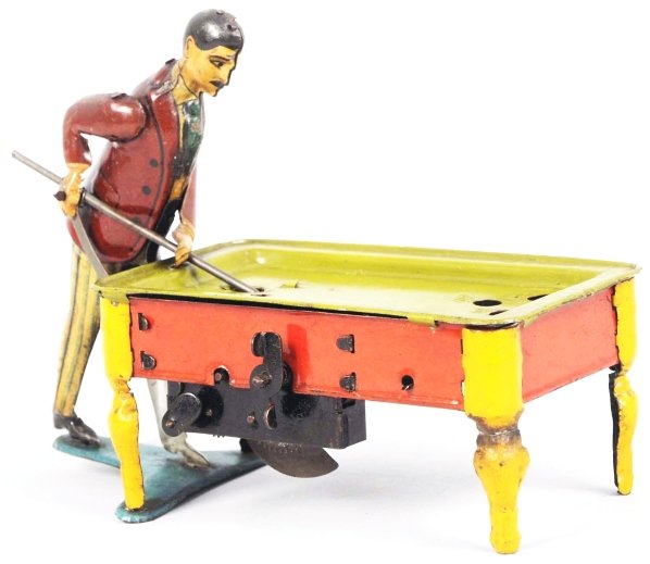 Tin Litho Wind-Up Pool Player Toy.: German. Working. Missing metal balls. One solder repair to underside of one pool table leg. Condition (Very Good - Excellent). Size 6 - 1/4" L.