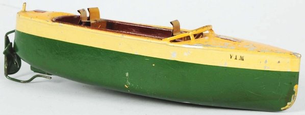 Tin Ives Wind-Up Vim Clockwork Toy Boat.: German. Working. Hand-painted tin has some paint chipping and wear, especially to deck. Missing screw cap that covers the mechanism. Condition (Very Good). Size 9 - 1/2" L.